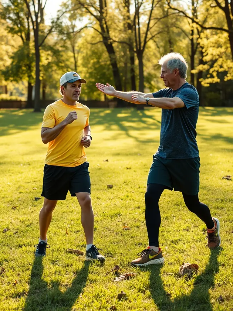 A coach demonstrating stretching exercises to a runner on a grassy field.