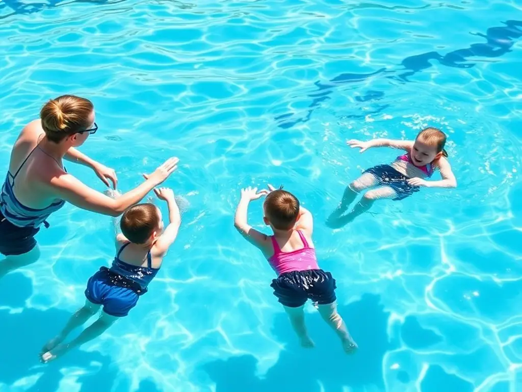 Intermediate swimmers practicing strokes with an instructor at AquaLeap.