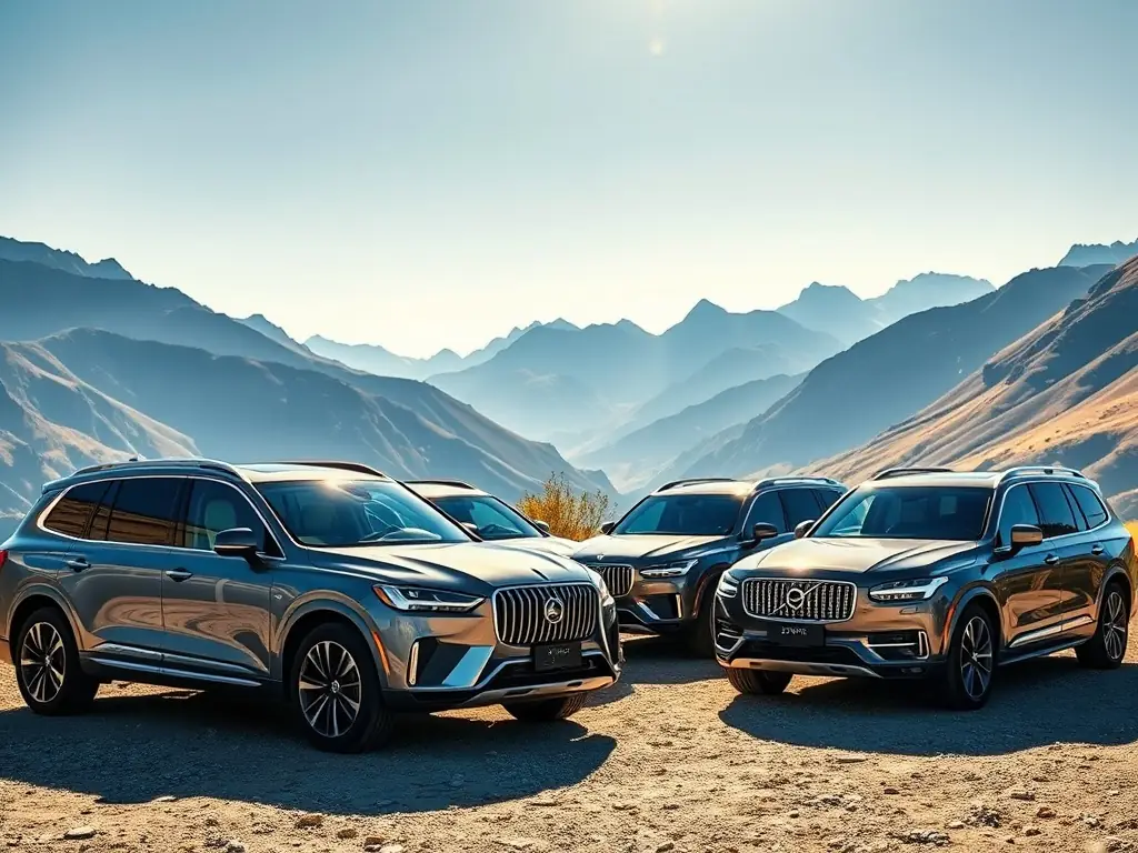 Luxury SUVs displayed in a scenic mountain backdrop.