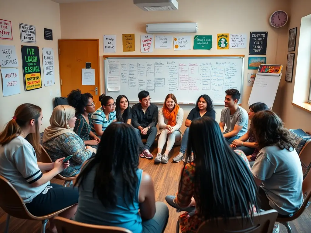 Diverse students engaged in a personal development workshop, sharing ideas.