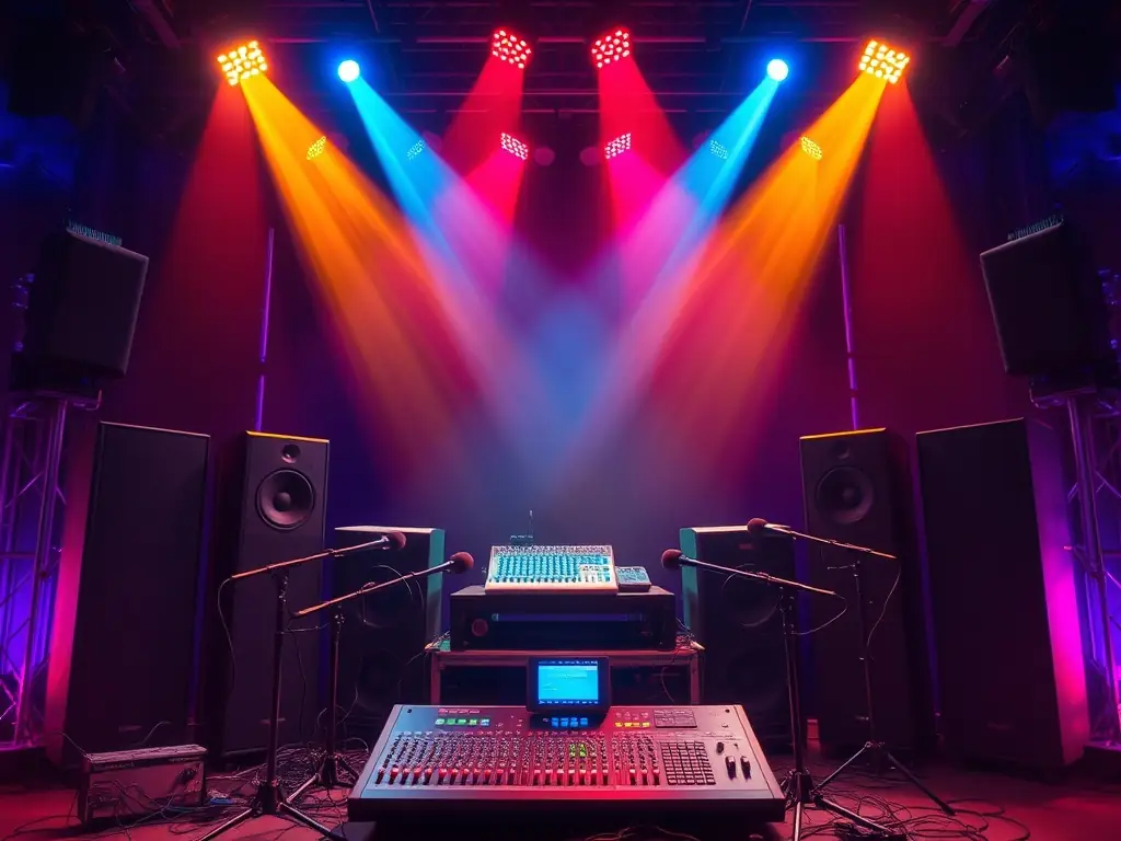 A professional sound system setup with speakers, mixers, and microphones under vibrant stage lights.