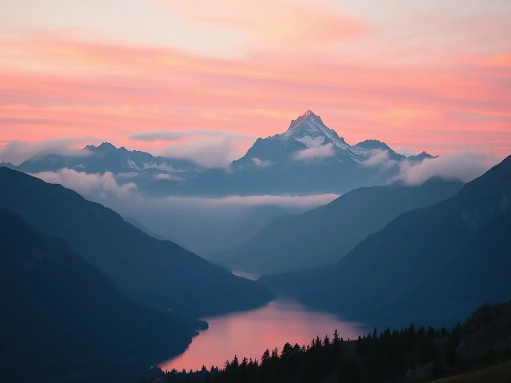 Serene mountain vista at sunrise with mist and a calm lake reflecting the colors.