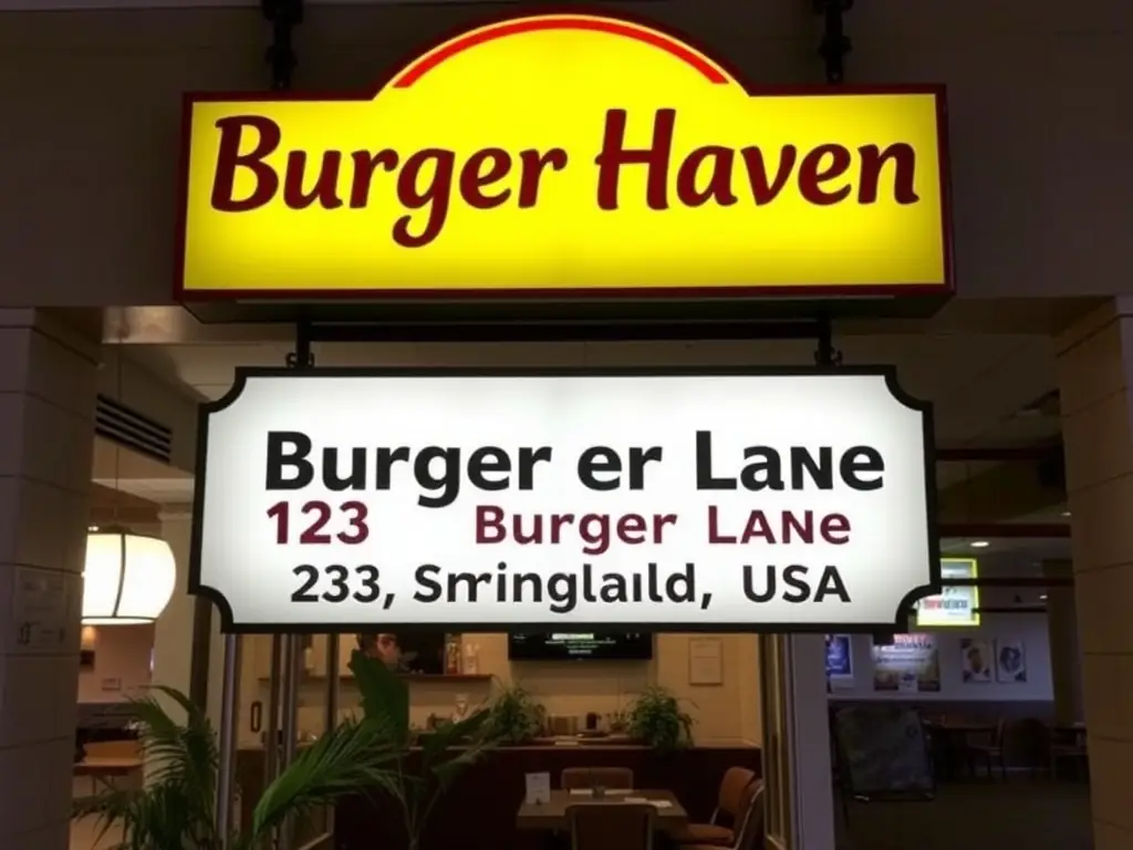 The entrance of Burger Haven with the address displayed.