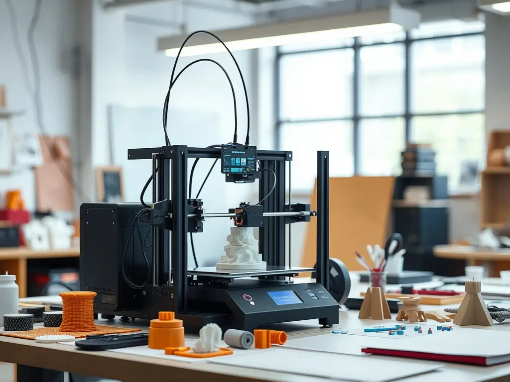 A 3D printer creating a prototype in a bright design studio.