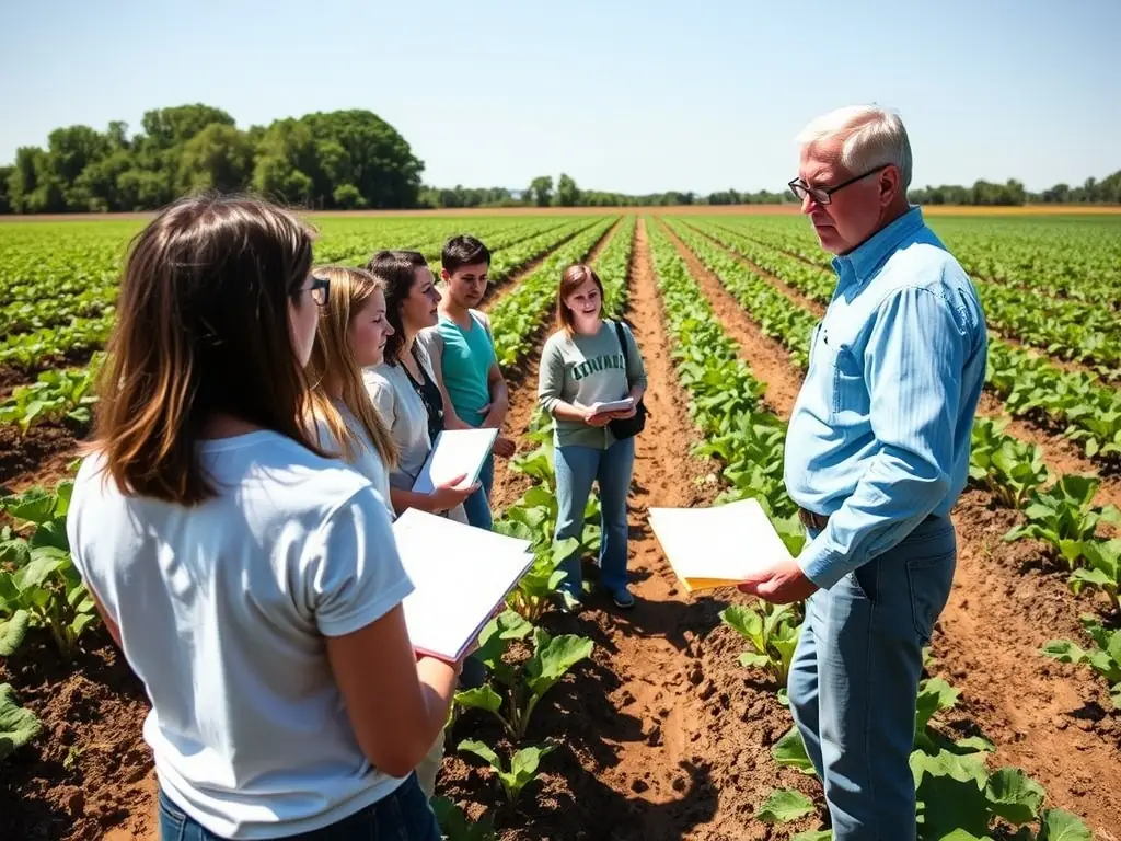 A group of students in a field, practicing crop rotation techniques under the guidance of an instructor.