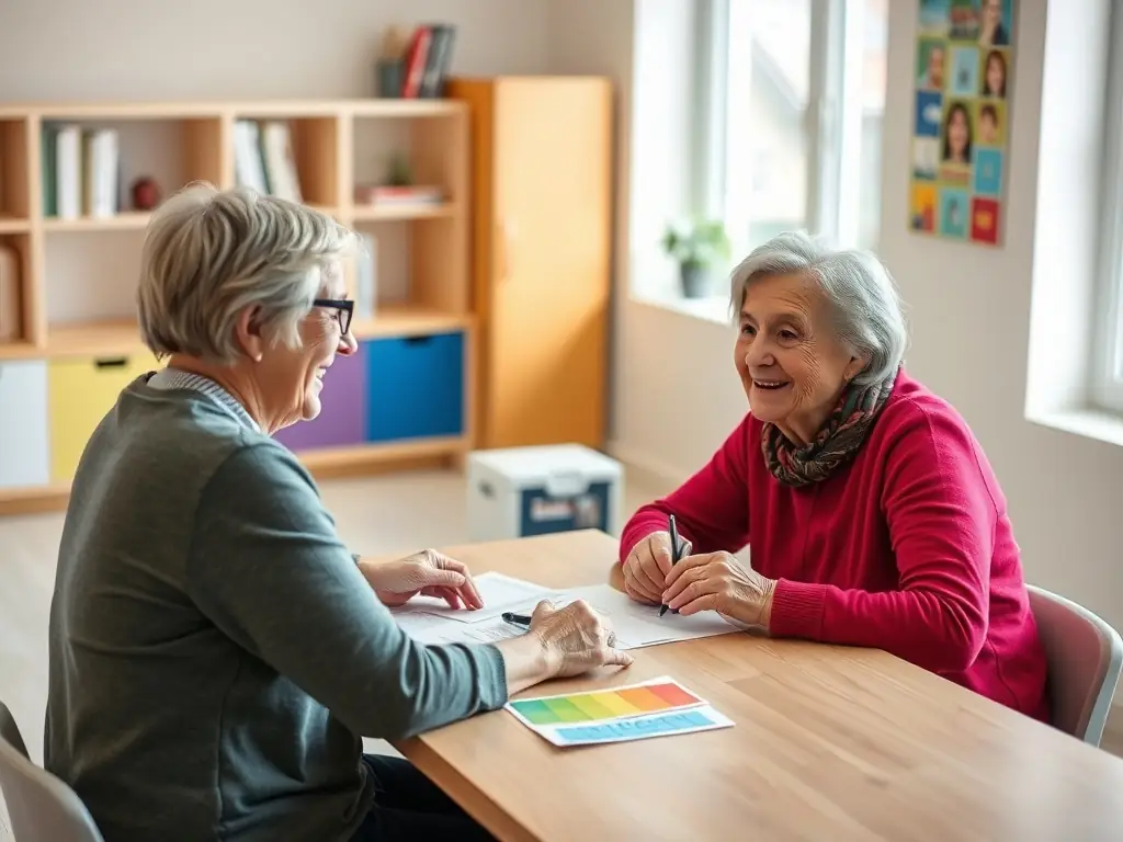 An adult practicing vocabulary with a therapist.