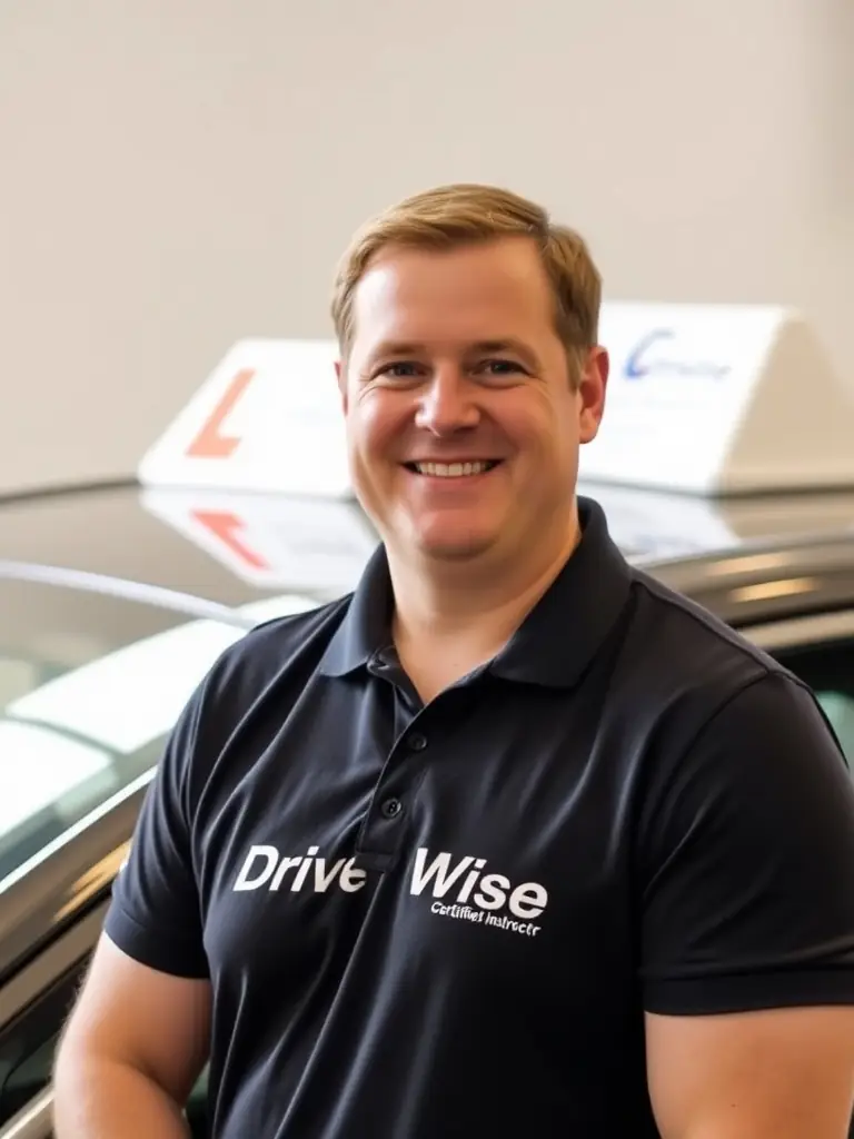 John Smith, a certified driving instructor at DriveWise, smiling next to a car.