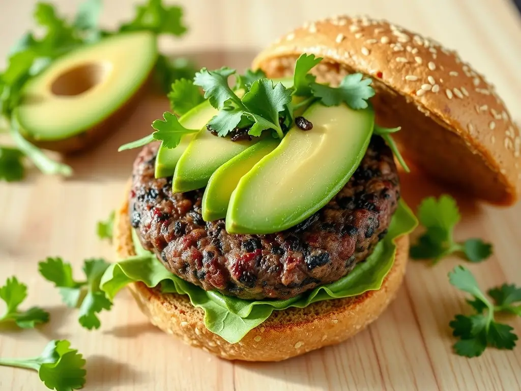 A vegan burger with black bean patty and avocado on a plate.