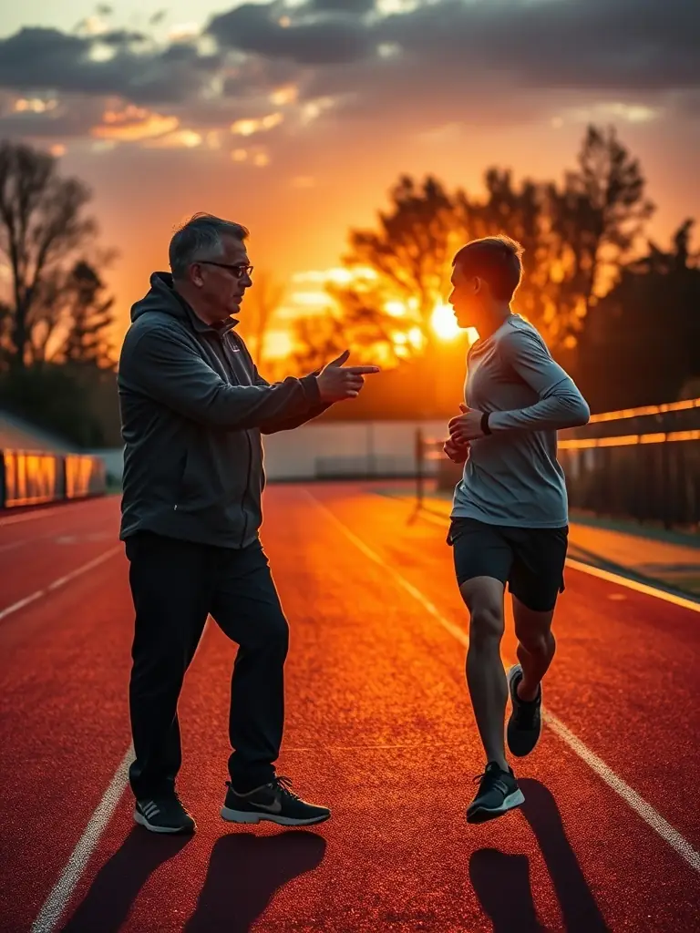 A coach guiding a runner on a track during sunset.