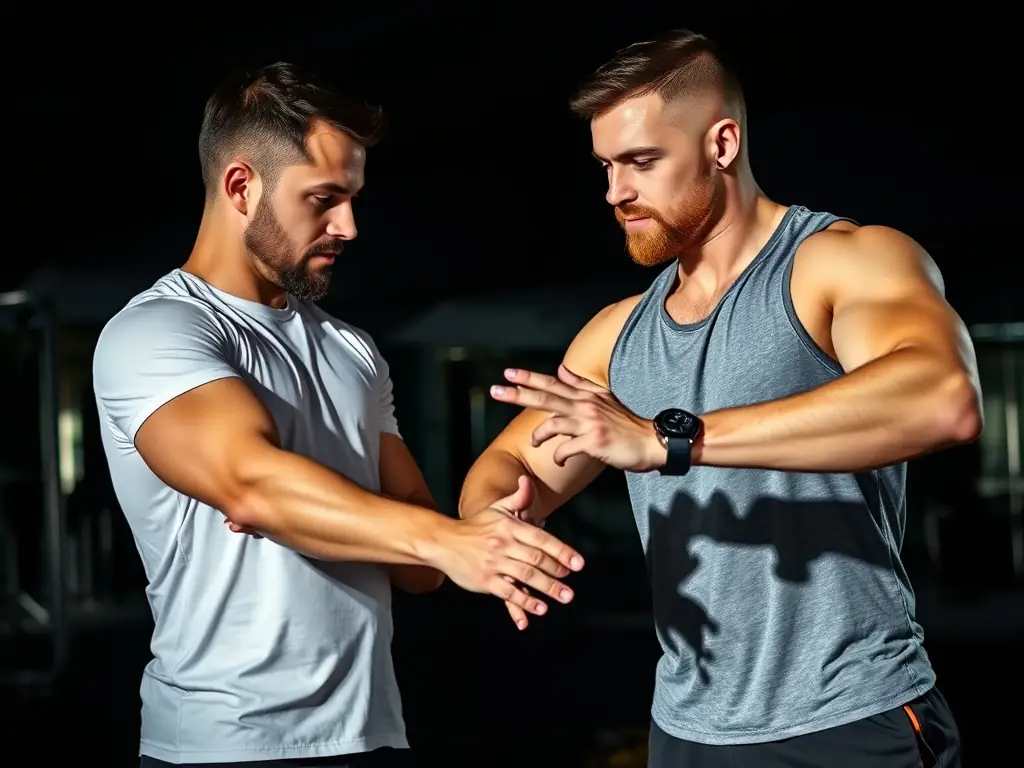 Personal trainer guiding a client in a dimly lit gym.