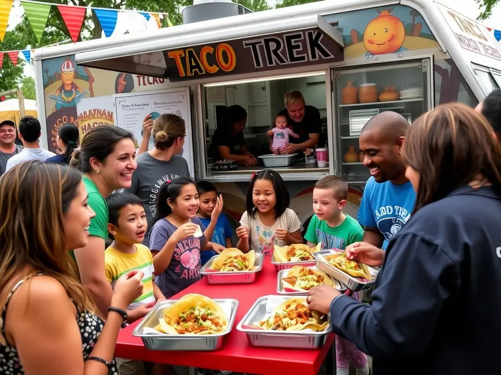 Families enjoying tacos from Taco Trek's food truck at a community event.