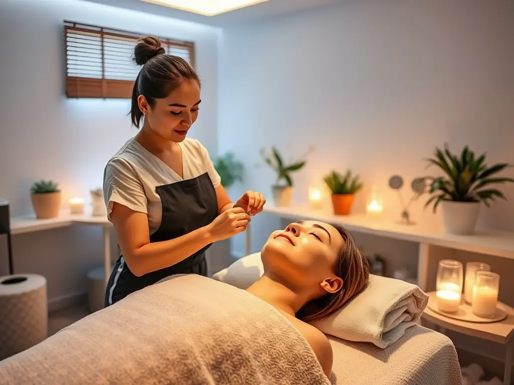 A professional esthetician performing a facial treatment on a relaxed client in a serene spa room.