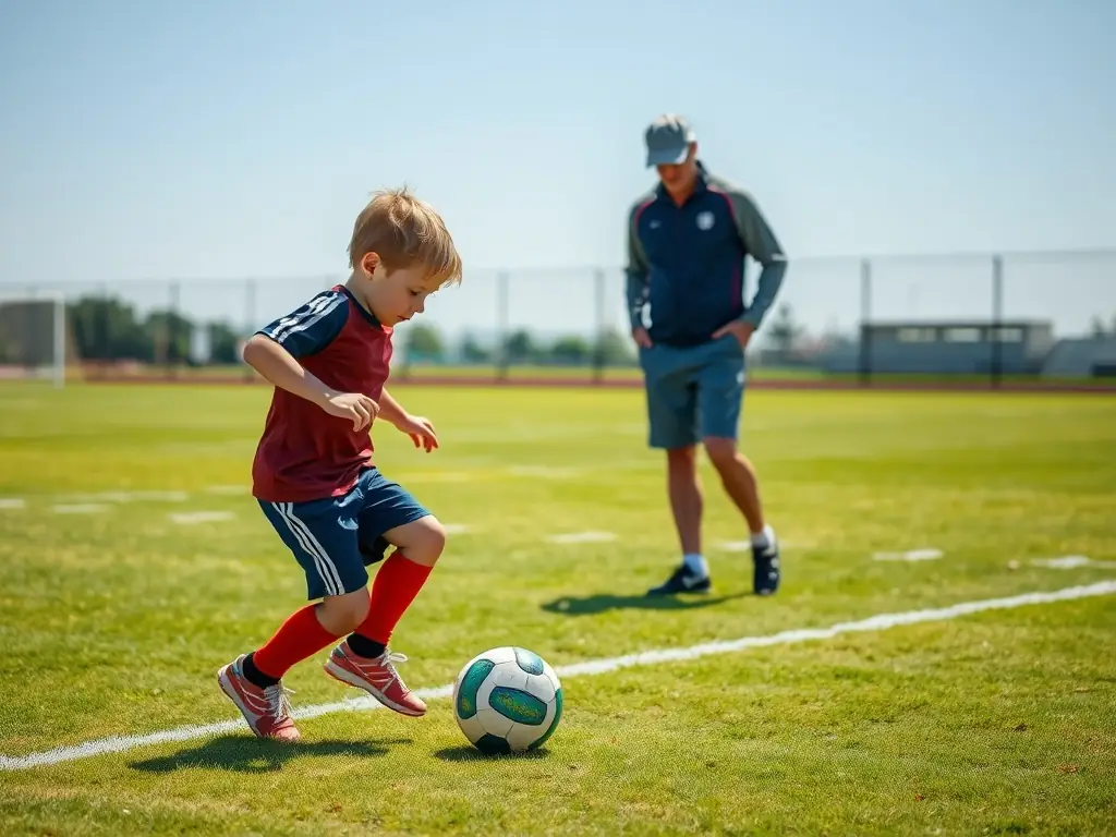 A young football player practicing dribbling skills with a coach in the background.