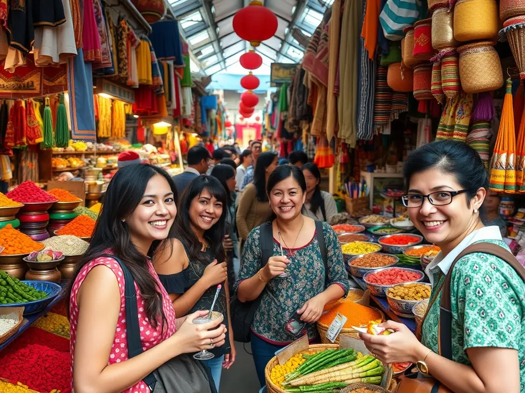 A vibrant local market in Asia showcasing colorful spices and fresh produce.