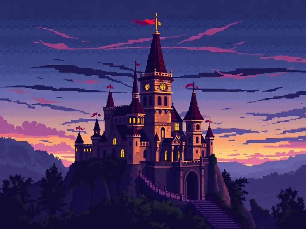 A pixelated castle representing the puzzle-solving game 'Mystery of the Pixelated Castle.'