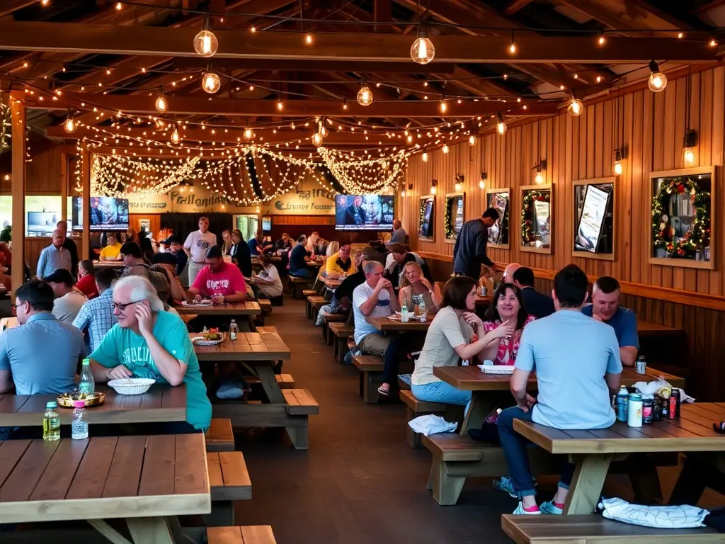 Cozy seating area at Harmony Fest with attendees enjoying meals under decorative lights.