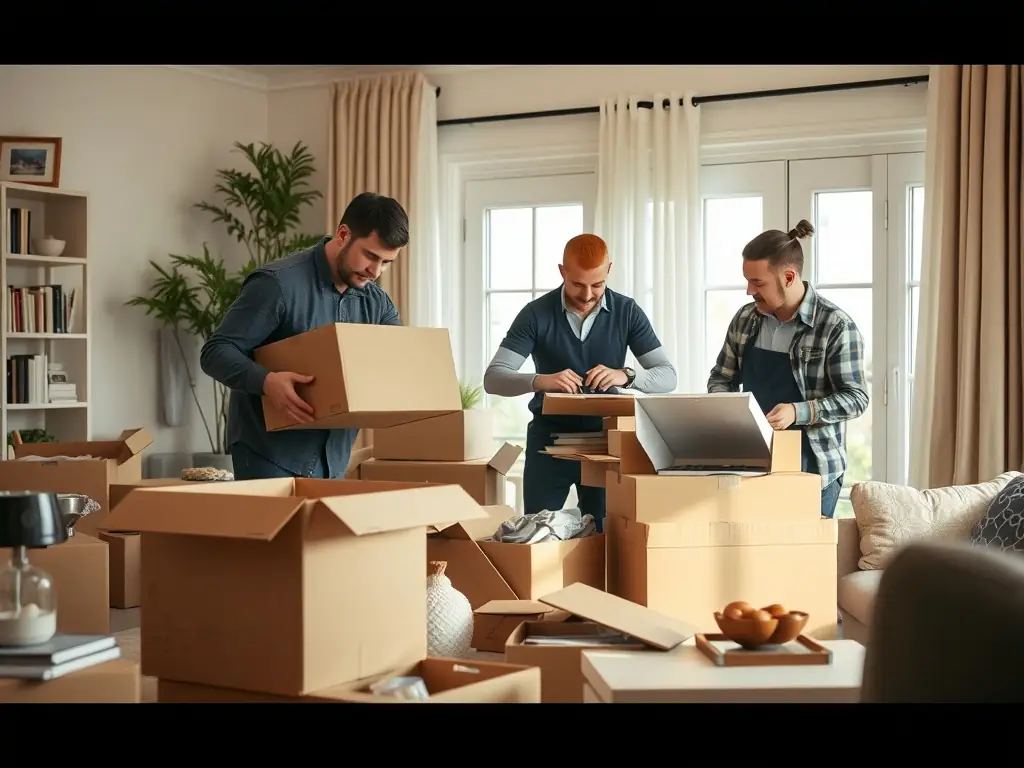 A professional moving team packing household items into boxes.
