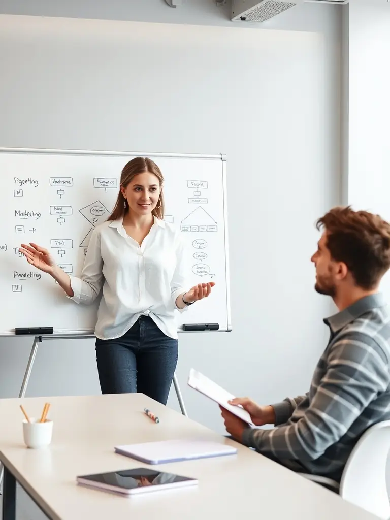 A tutor explaining digital marketing concepts to a student in a classroom.