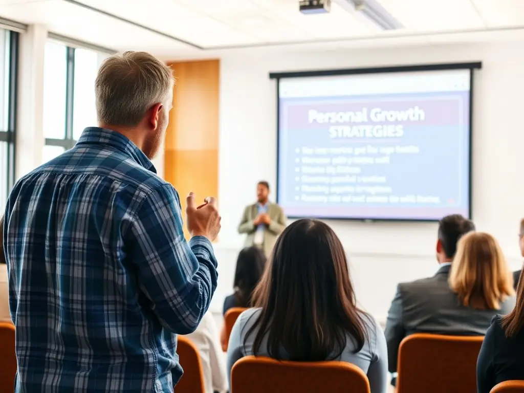 A motivational speaker addressing an audience in a seminar room.