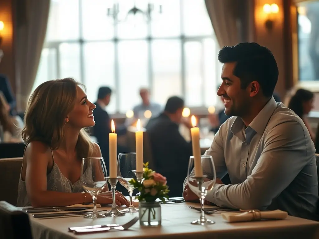 A couple enjoying a romantic dinner in a cozy restaurant, surrounded by candlelight.