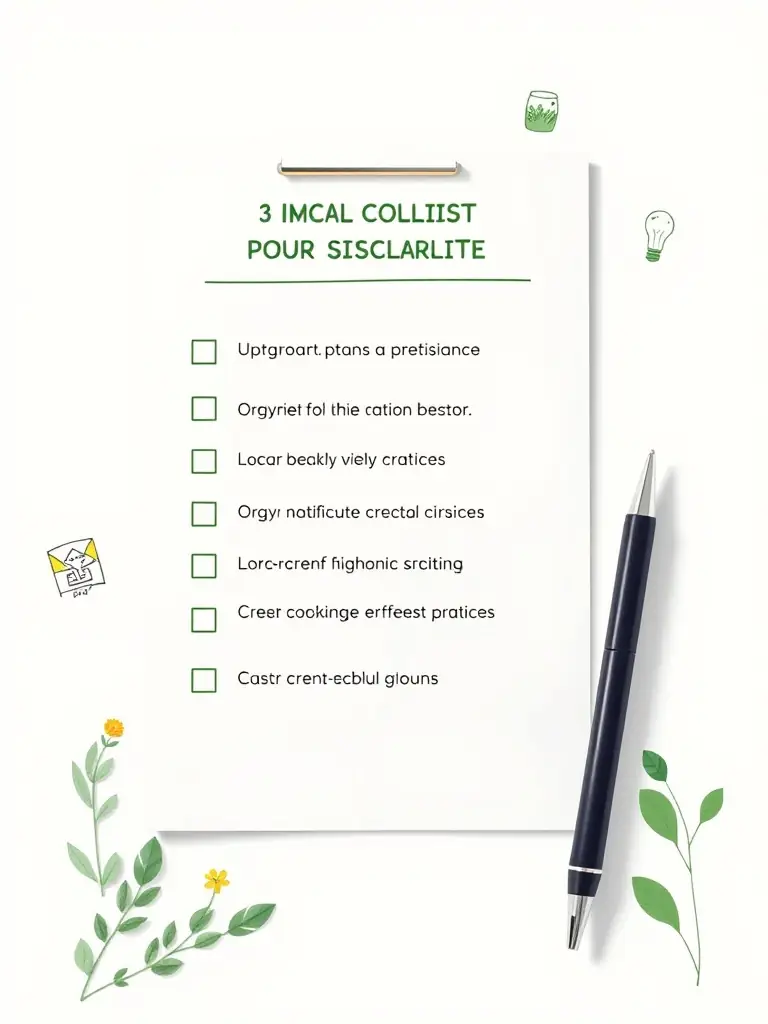 A digital checklist with sustainable practices and a pen.