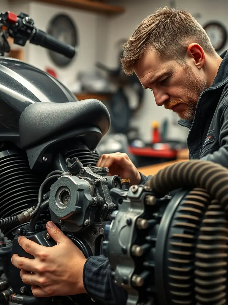 A mechanic performing a motorcycle engine repair in a bright workshop.