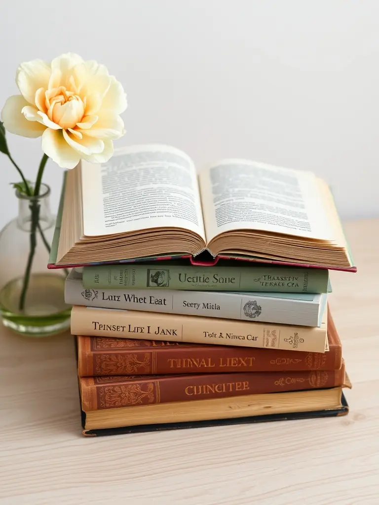 A stack of classic literature books with a vintage aesthetic.