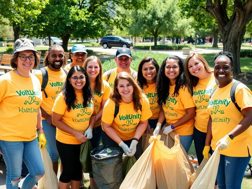 VoltUnity members participating in a community clean-up event, wearing union-branded shirts.