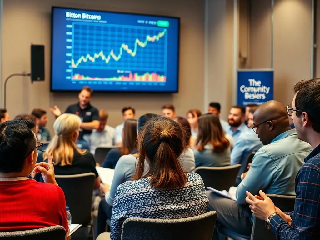 A group of diverse individuals attentively listening to a speaker at a cryptocurrency workshop.