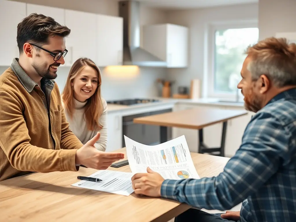 Home inspector discussing findings with a couple in their kitchen.