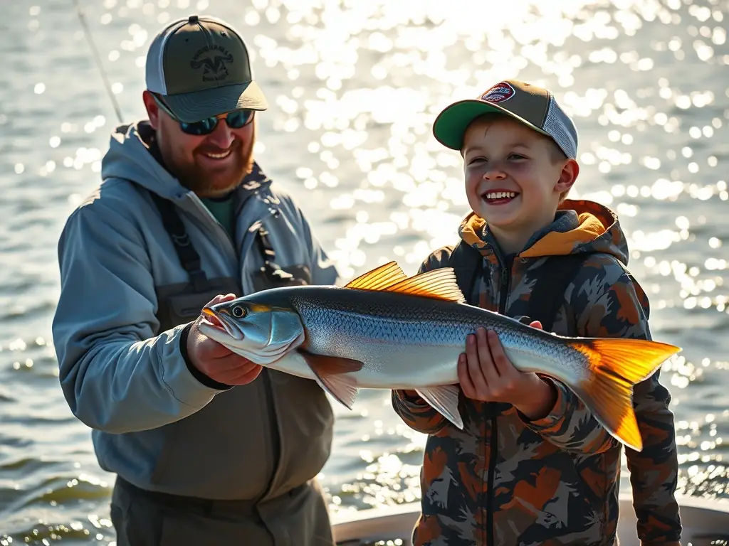 A fishing guide helping a young angler with a big catch.