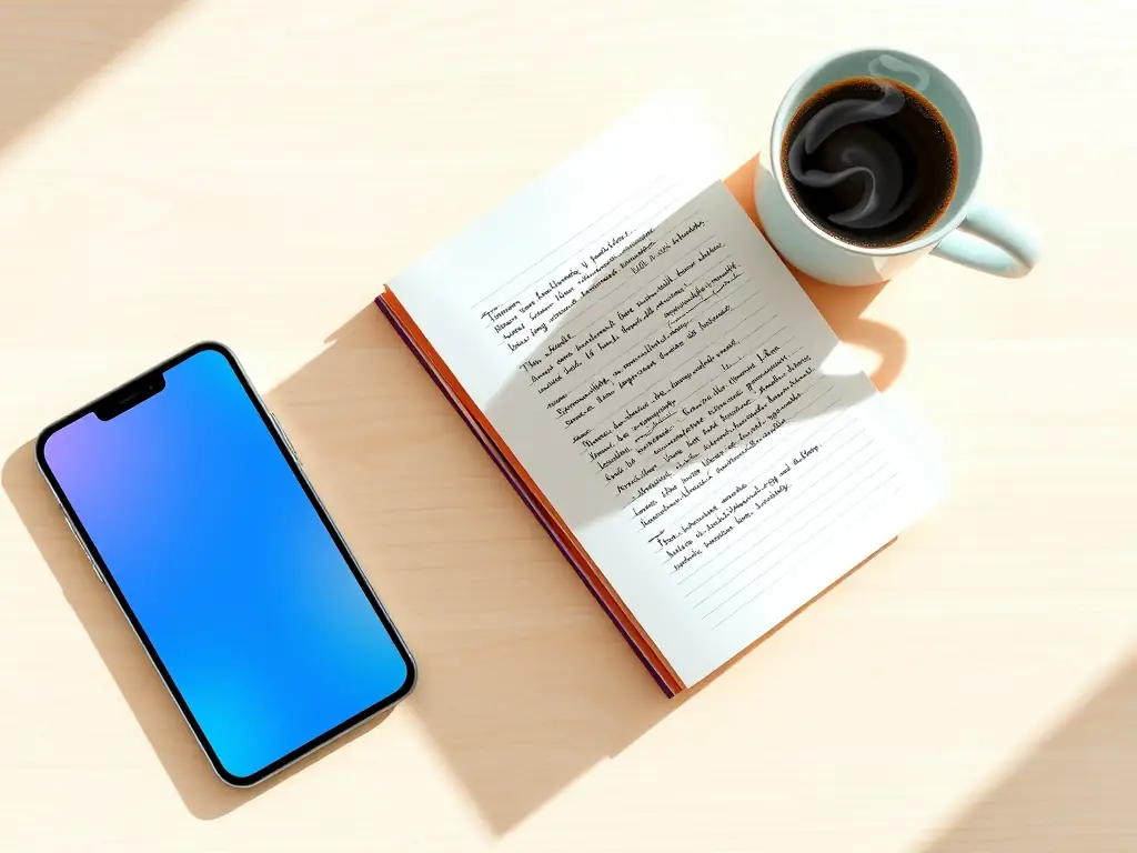 Flat lay of a smartphone, notebook, and coffee cup representing influencer lifestyle.