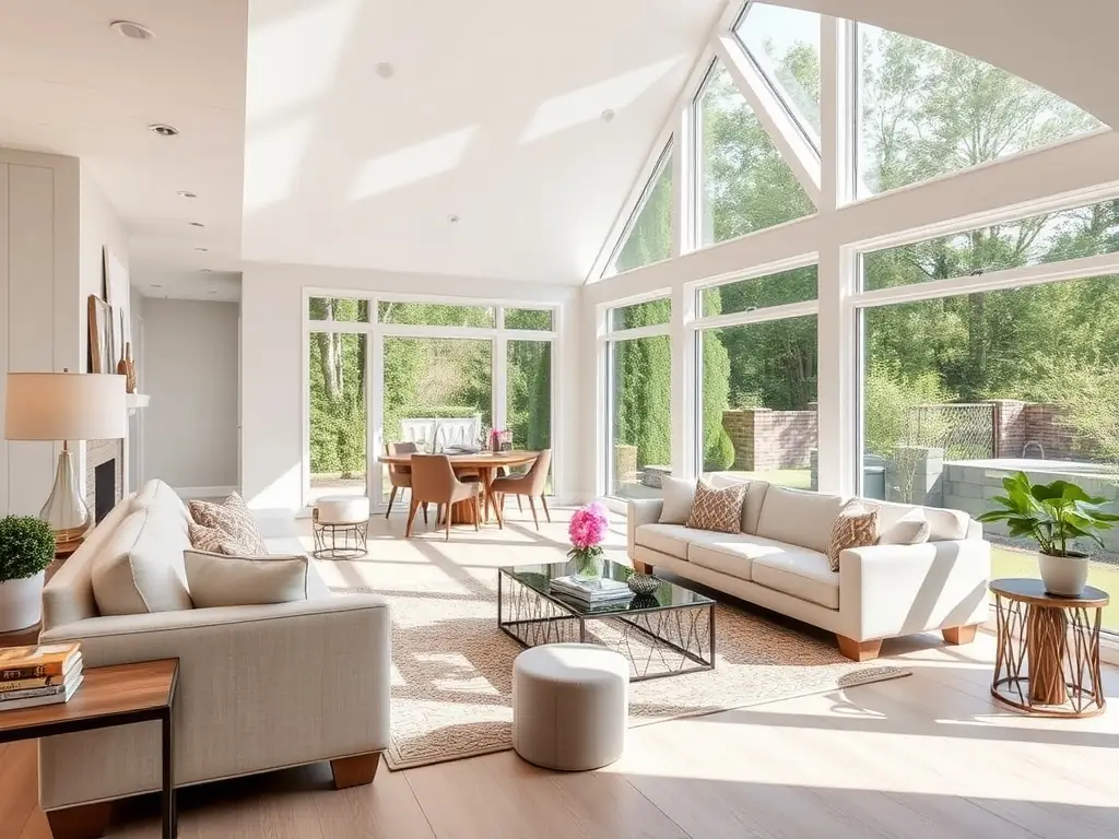 A spacious home addition featuring a new living room area with large windows.