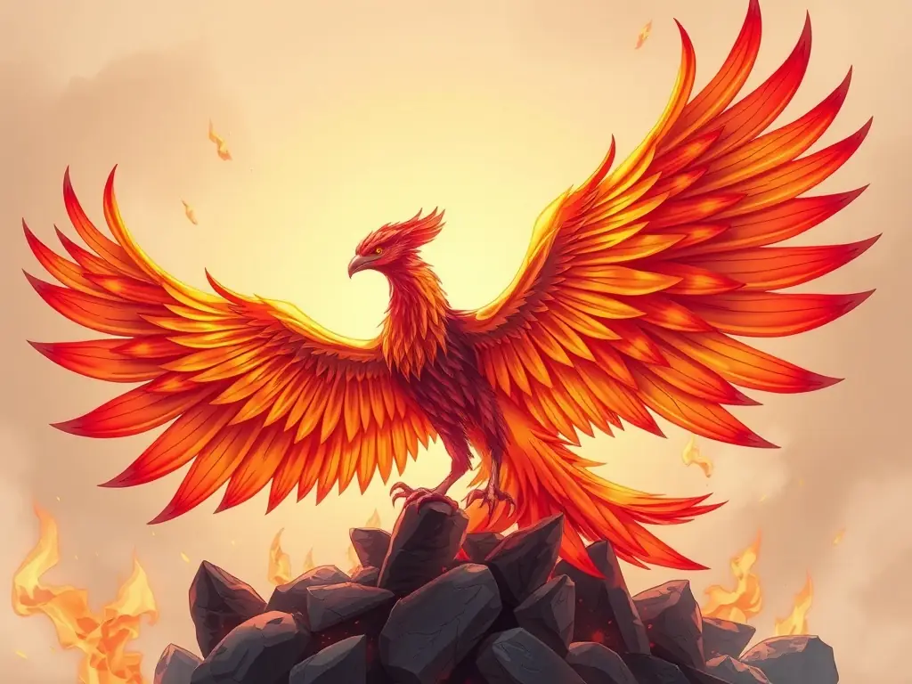 A phoenix rising from the ashes, symbolizing resilience.