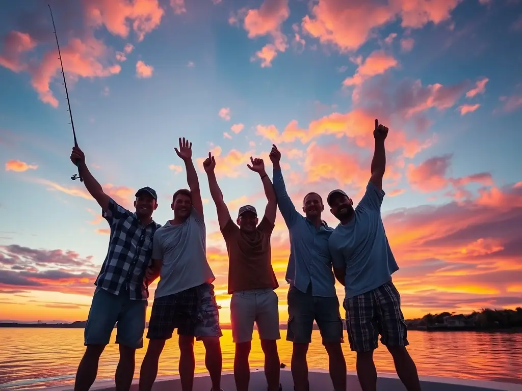 Friends celebrating a successful fishing day against a sunset backdrop.