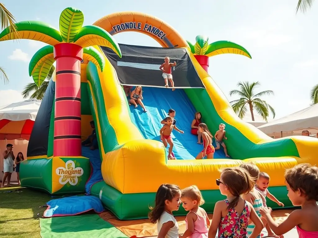A tropical-themed inflatable slide at a summer party.