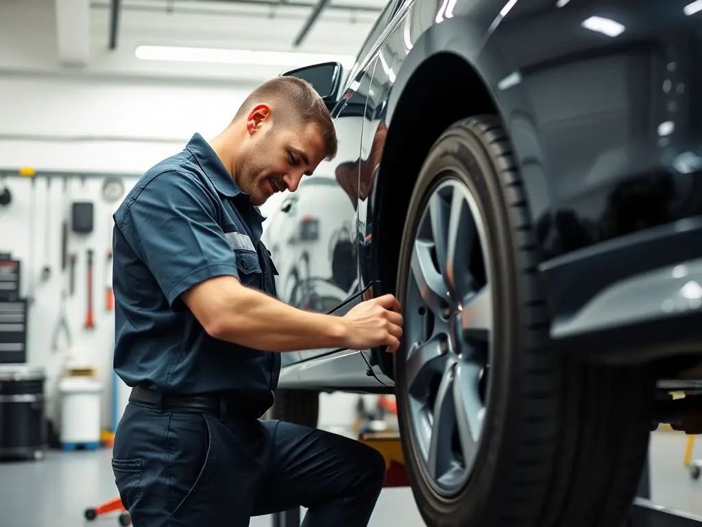 A mechanic aligning car wheels in a bright and organized automobile workshop.
