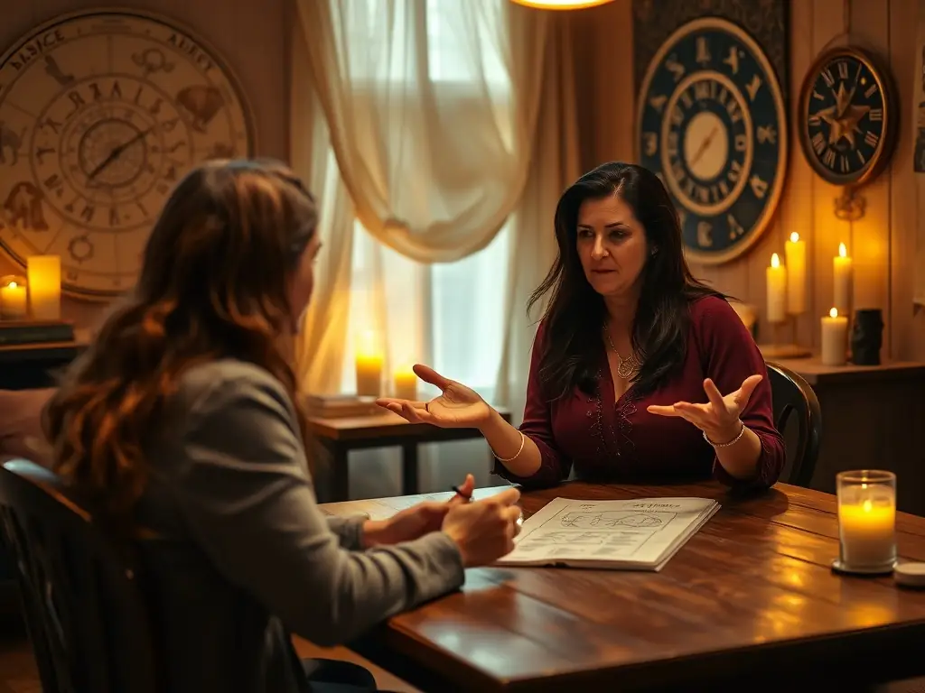 An astrologer consulting a client in a cozy, warmly lit room filled with astrological charts and candles.
