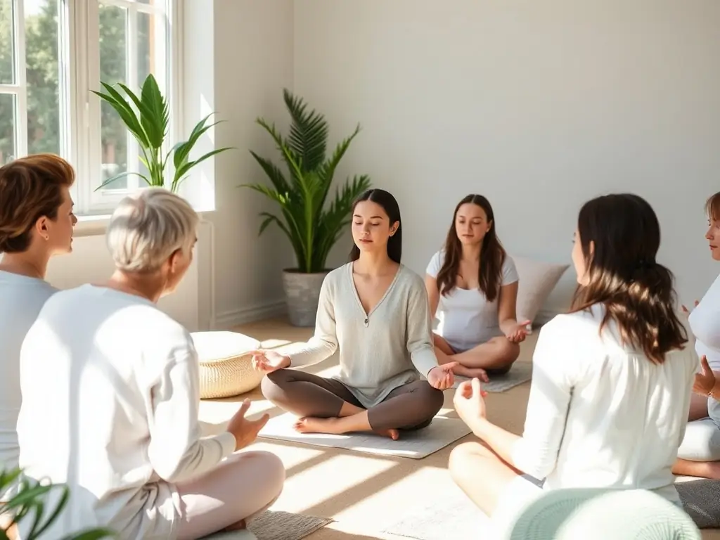 Individuals in a peaceful meditation session, seated in a circle surrounded by calming natural elements.