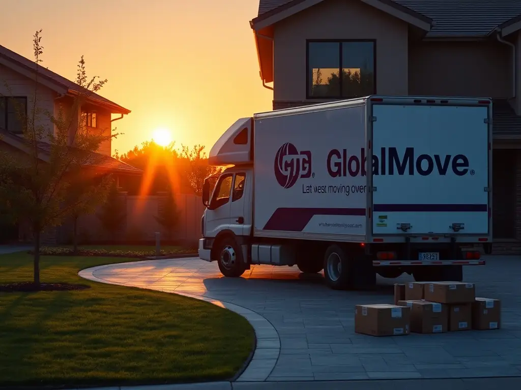 A moving truck parked outside a modern home at sunset.