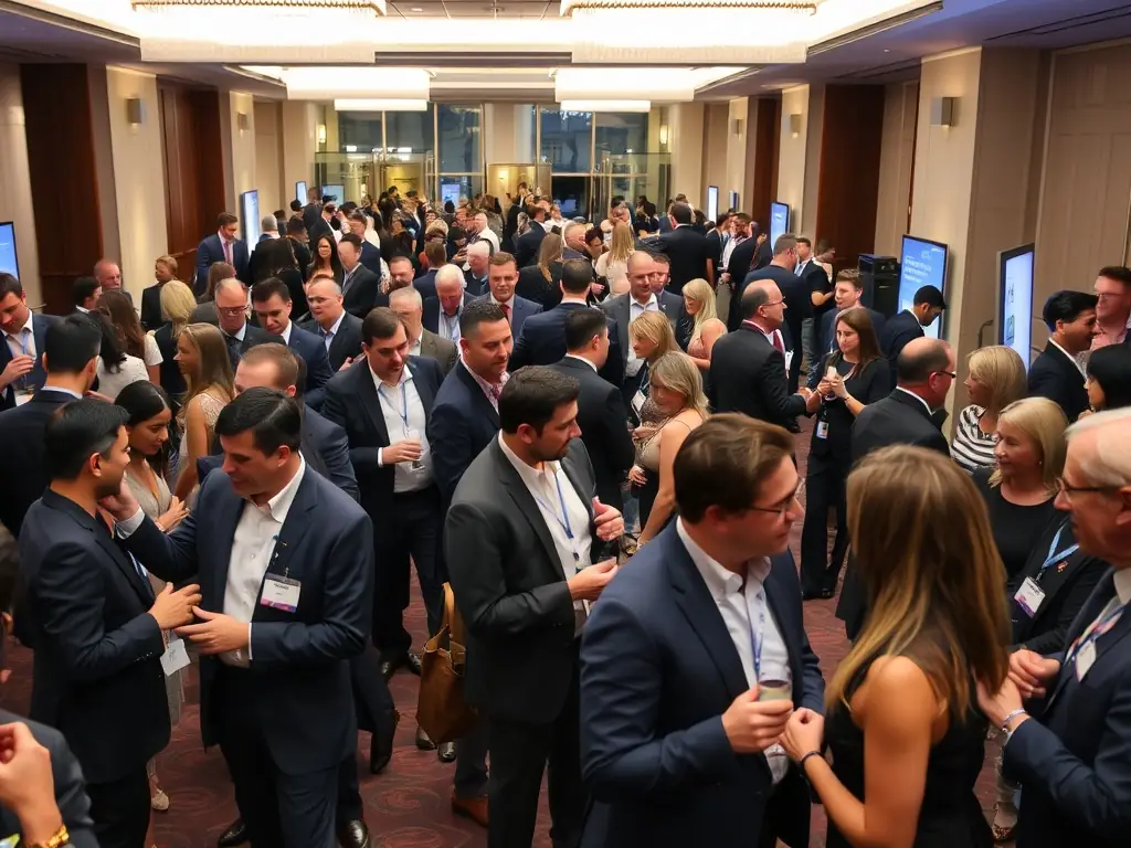 A bustling corporate event with attendees networking.