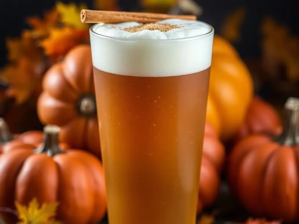 A tall glass of Pumpkin Spice Ale with autumn leaves and pumpkins in the background.