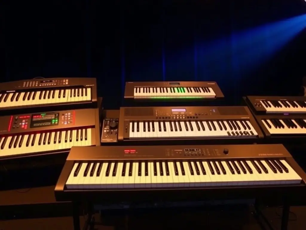 An elegant setup of keyboards illuminated by colorful LED lights.