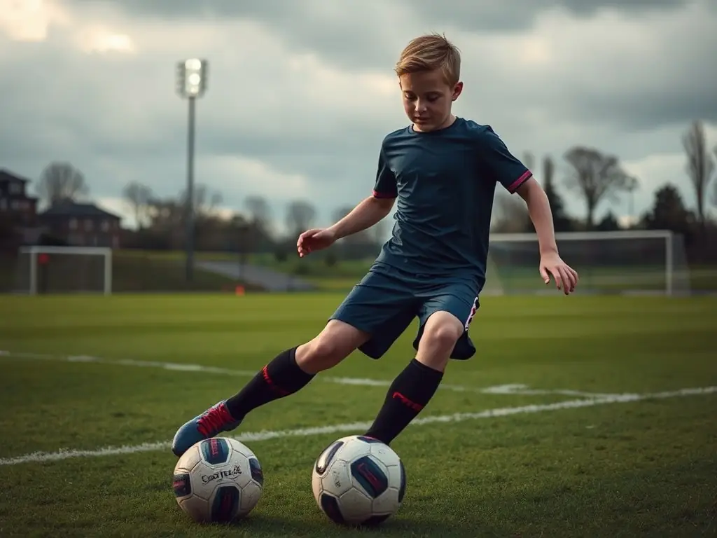 A young player practicing dribbling skills on a football field.