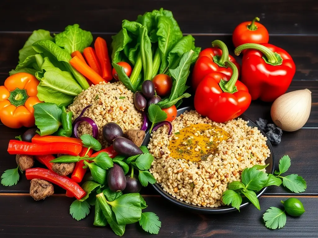 A colorful and nutritious meal with fresh vegetables and grains on a dark wooden table.