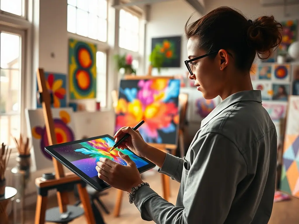 A digital artist creating a vibrant painting using a stylus and tablet.
