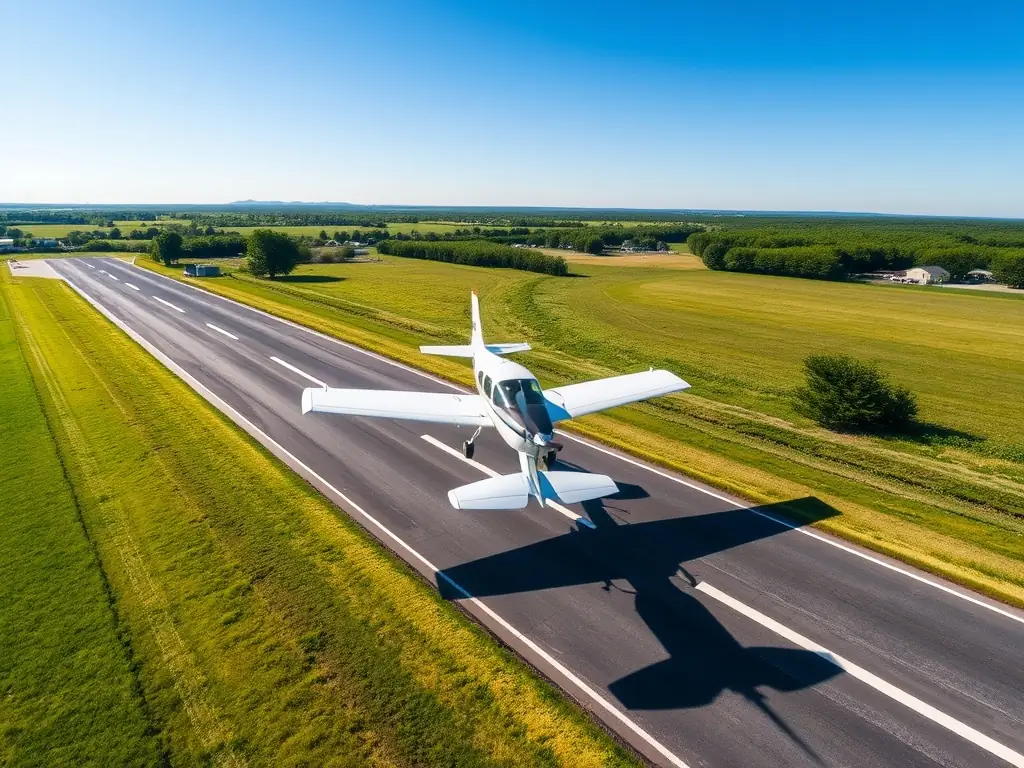 Aerial view of a small aircraft taking off from a runway with a scenic landscape.
