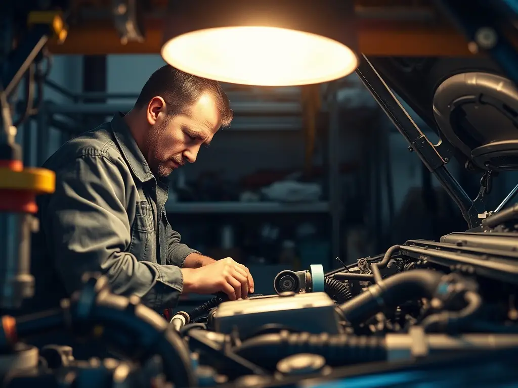 A mechanic working on a car engine with tools around.