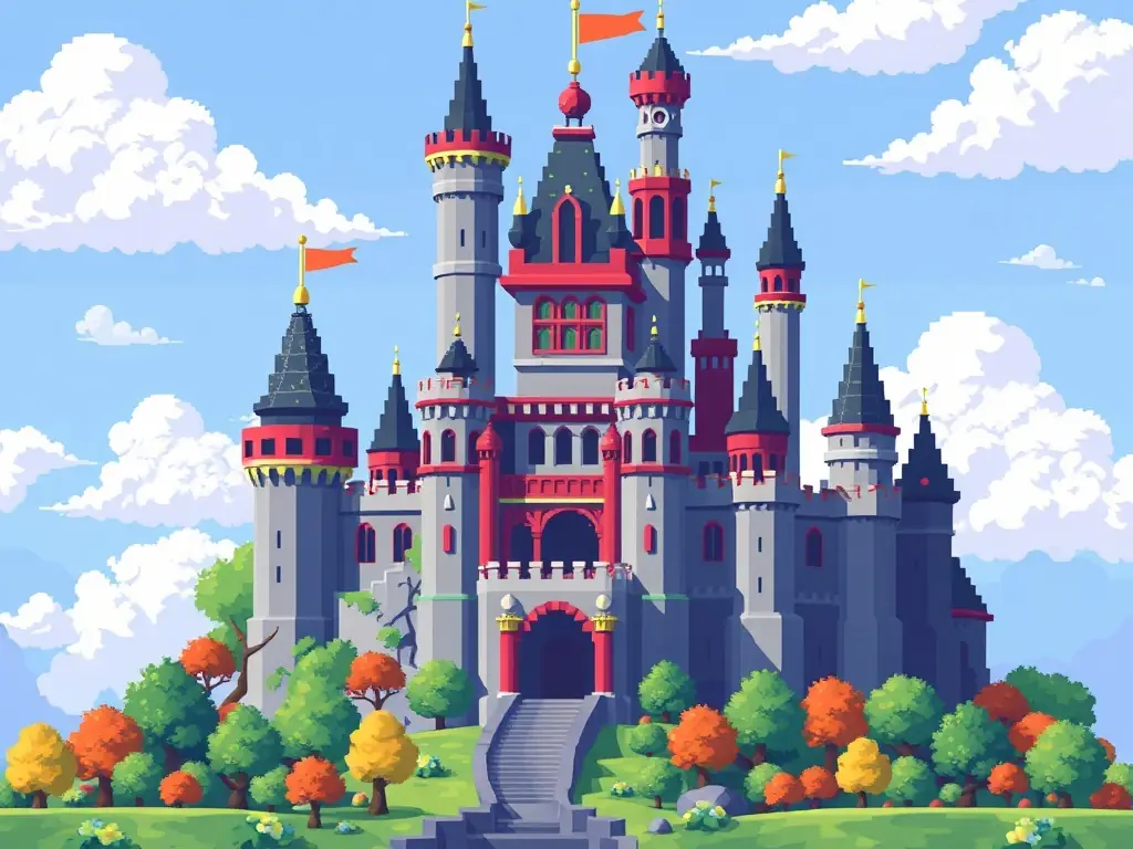 A pixel-art castle surrounded by a colorful landscape, representing the setting of Mystery of the Pixelated Castle.