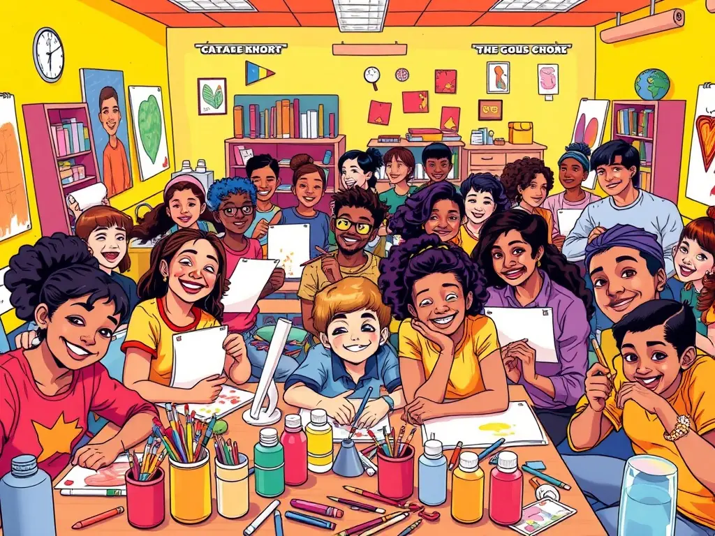 Students engaged in various creative activities in a vibrant classroom.